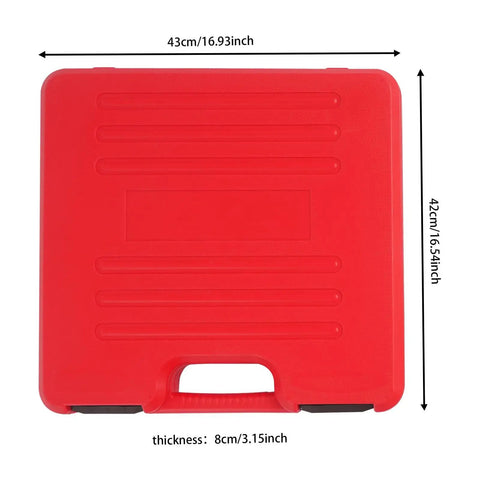 Red toolbox for 9 Piece Auto Body Repair Tool Kit With Hammer And Dolly Set For Car Dents And Door Dings, with dimensions shown