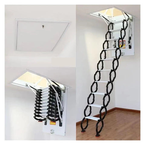 Game Changing Electric Attic Ladder With Ultra Smooth Pull Down Motion and Rock Solid Folding Loft Stairs shown with opened access and wide treads.
