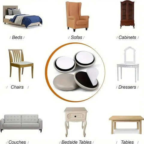 Heavy Duty Furniture Sliders 8 Pack Moving Pads for hardwood floors and carpet with different furniture types around them.