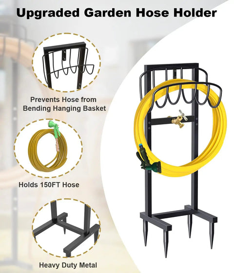Built Tough Heavy Duty Outdoor Garden Hose Holder Freestanding Stand With Brass Faucet And Four Prongs, Sturdy Metal Hose Reel