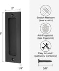 6 Inch Flush Pull Sliding Barn Door Handle Set with matte black finish, dimensions, and installation hardware details