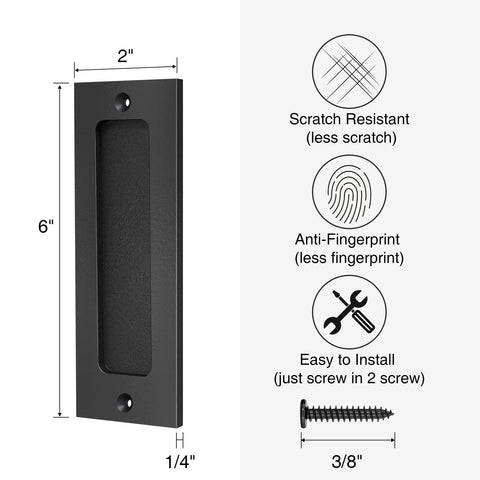 6 Inch Flush Pull Sliding Barn Door Handle Set with matte black finish, dimensions, and installation hardware details