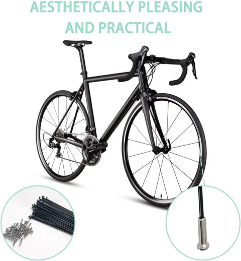 Road bike with inset showing 36 Pack 14G J Bend Bicycle Spokes With Brass Nipples Black Steel Universal Fit For MTB Ebike Mountain Road City Bikes And Electric 700C Wheels Lightweight Spoke Set For Easy Wheel Replacement