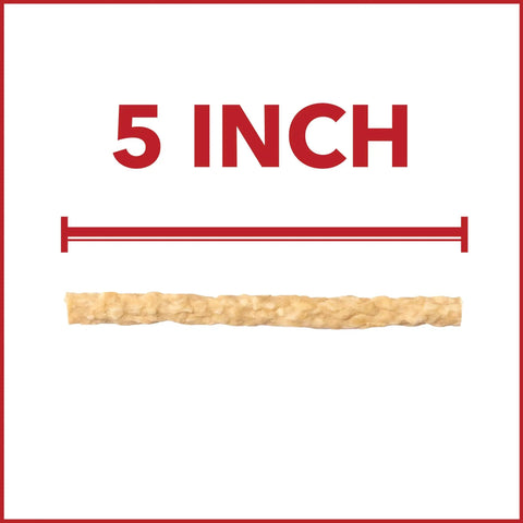 Beefhide Munch Mini Rolls Dog Chew Treats, 5 inch chewy roll with natural flavor and crunchy texture, shown with size measurement.