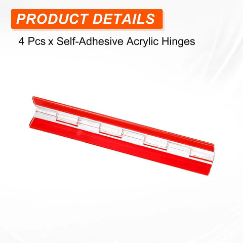 Four Piece Clear Acrylic Hinges With Knockout Grip Self Adhesive Backing And Smooth 275 Degree Pivot on white background
