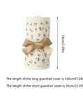 Rolled breathable cotton teething bed rail covers with bow, 18cm height, measuring lengths 120cm and 65cm, floral pattern visible.