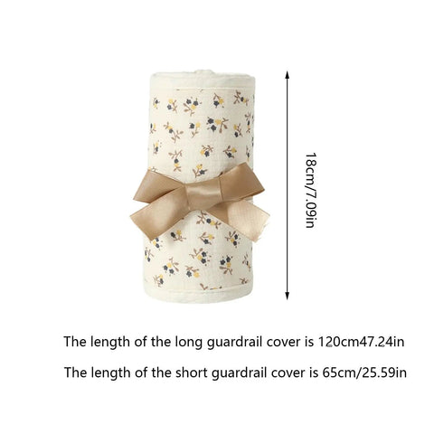 Rolled breathable cotton teething bed rail covers with bow, 18cm height, measuring lengths 120cm and 65cm, floral pattern visible.