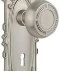 Victorian Plate With Keyhole And Mission Knob Privacy Door Hardware Set Two And Three Quarters Inch Backset Satin Nickel Solid Brass Plates