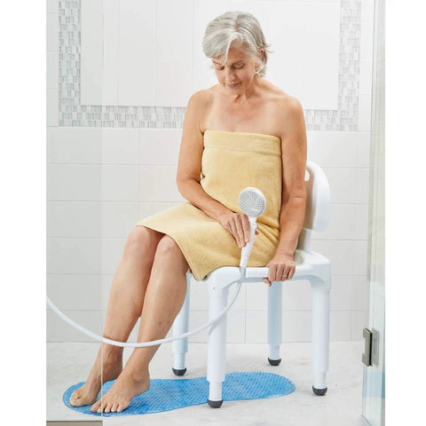 Senior Safe Bath Chair With Backrest For Shower Or Tub, elderly woman seated, non slip legs, supports up to 400 lbs, handicap friendly