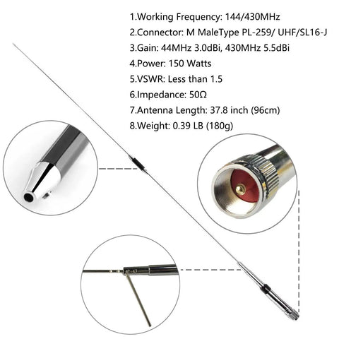 Antenna for Dual Band Mini Ham Mobile Radio For In Car Use IP67 Waterproof 25W 2M 70CM Transceiver Kit, 37.8 inch length, 150 watts