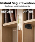 Beefy L Shaped Corner Brackets For Cabinets And Shelves, showing before and after installation in a wooden shelf for support.