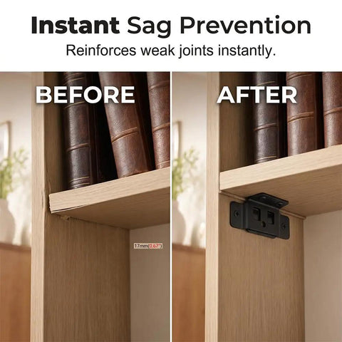 Beefy L Shaped Corner Brackets For Cabinets And Shelves, showing before and after installation in a wooden shelf for support.