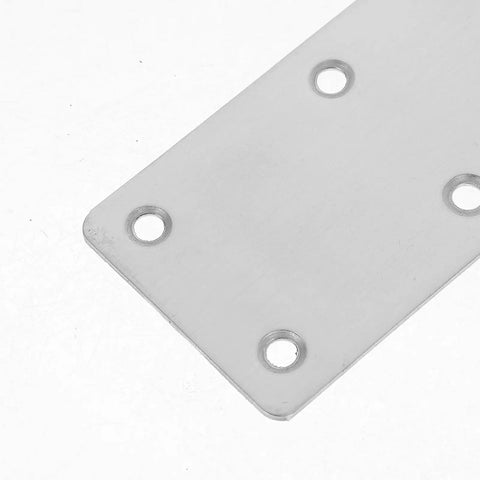 Close-up of Five Piece Stainless Steel Metal Brackets with Straight Plate Design and Multiple Openings for Cabinet Furniture Wood Repair