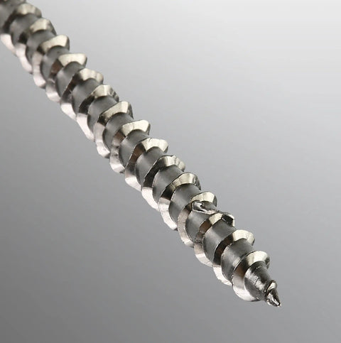 Close-up of Deck Drive Wood Screw Type 316 Stainless Flat Head Number Ten X Two And A Half Inch T25 Drive showing thread detail