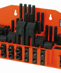 Pro-Series 52 Piece Clamping Kit For 14mm T Slot With M12 X 1.75 Studs in orange plastic rack
