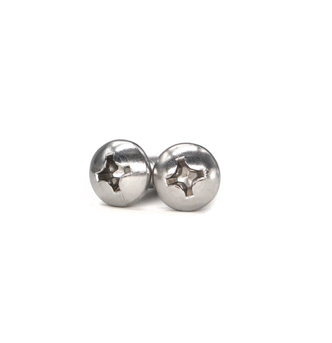Two stainless steel Phillips round-head machine screws, 1/4-20 x 2 in, plain finish.