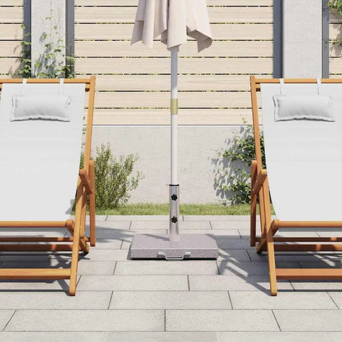 Grey Polished Granite And Stainless Steel Umbrella Stand With Transport Rollers on patio between deck chairs