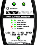 RV Surge Protector 120V 30A with LED voltage monitor and circuit tester, displaying indicator lights for campground power safety