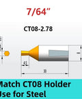 Diagram of Beast Rotary Broaching Tool For Steel With Tin Coating CT08, showing 7/64 inch size and inner hexagon shank.
