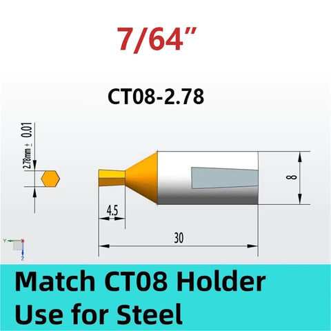 Diagram of Beast Rotary Broaching Tool For Steel With Tin Coating CT08, showing 7/64 inch size and inner hexagon shank.