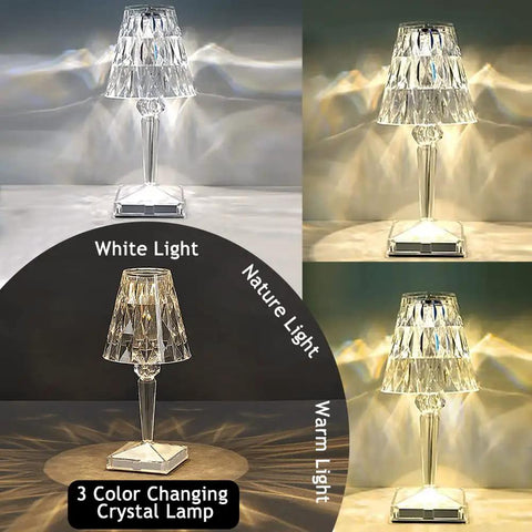 Rose Crystal Touch Table Lamp With 2000mAh Rechargeable Battery, Diamond Shaped LED Light With 3 Color Modes shown in various light settings