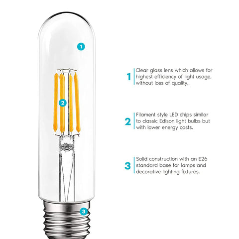 T10 LED Bulbs 5W Equal 60W, 3000K Soft White Vintage Edison Filament Tubular Bulbs Damp Rated UL Listed, E26 Base, 3-Pack close-up