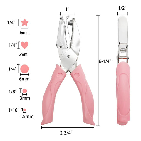 Five Pack Handheld Hole Punch Set with metal punches in circle, heart, star shapes; 1/16, 1/8, 1/4 inch sizes, soft grip handles