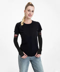 Performance Cooling Arm Sleeves Provide Heavy Duty Sun Defense And Uv Guard Ice Silk worn by a smiling woman in a black shirt.