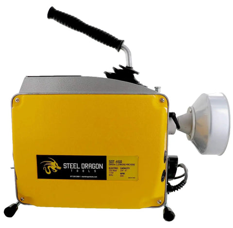 Heavy Duty K60 Drain Cleaning Machine with yellow casing, auto feed mechanism, and motor for unclogging pipes.