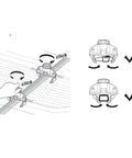 Illustration of No Fuss 4 Pack Quick Fix Roof Box Mounting Kit With Universal Quick Release Caliper Clips snapping onto car crossbar.