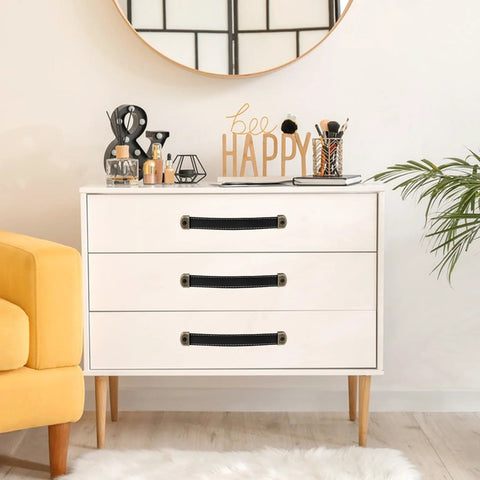 White dresser with two leather drawer pulls with mounting screws included for drawers cabinets luggage trunks and suitcases easy install