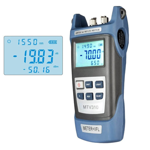 Fiber Optic Power Meter With Light Source for CCTV and Networking, SC FC Connector Test Tool displaying reading on LCD screen