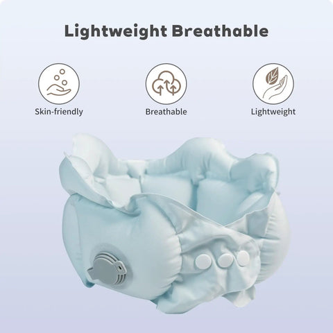 Inflatable Travel Pillow Portable Quick Inflate Neck Pillow For Airplanes Cars Buses Trains And Home Office Ultra Cozy Washable Camping Headrest Sleep Aid Travel Essential Blue with breathable and skin-friendly features displayed with buttons and inflation valve
