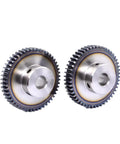 Beefy 1.5M Helical Gear Set And Spur Gears For Motors And Transmission Systems, 45 Steel, side view of two metal gears