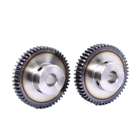 Beefy 1.5M Helical Gear Set And Spur Gears For Motors And Transmission Systems, 45 Steel, side view of two metal gears