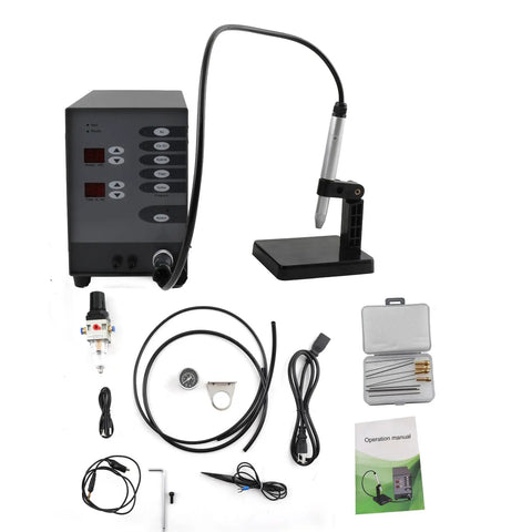 Five In One Jewelry Welder Kit Arc Spot Welder With Adjustable 50 600A Current, tools, and manual for jewelry repair.