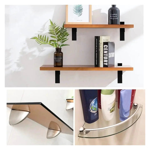 Cabinet Shelf Clips 2 Pc Set For Wall Mount Frameless Brackets And Glass Door Clamp Holder, displays wooden and glass shelves.