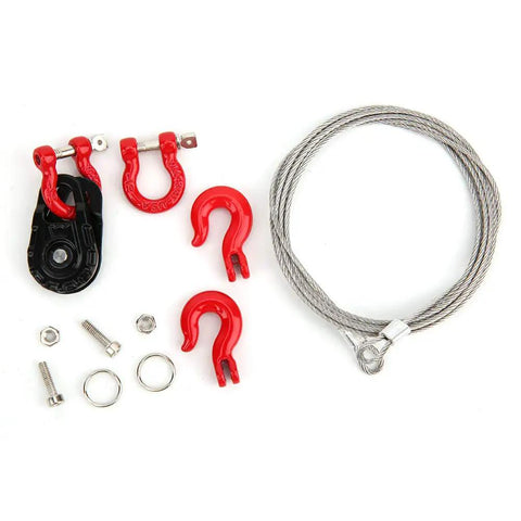Three Piece RC Car Steel Rope Pulley Lock Sleeve Set for 1 10 Scale Crawlers, Snatch Block Winch Tow Strap Hook Trailer Kit for Gnarly Climbing Action, Durable Steel Construction for Rugged Trails, steel rope and hooks