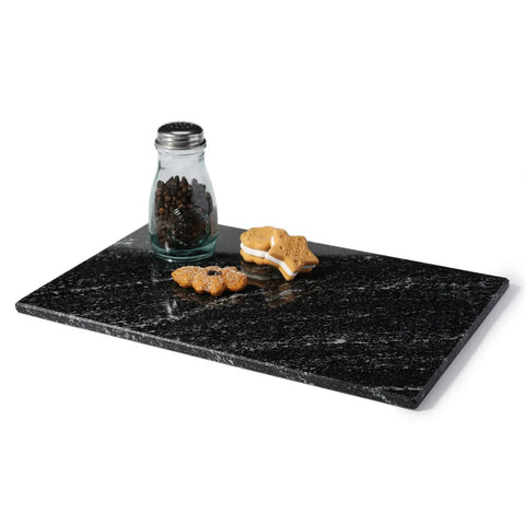 Natural Black Marble Cutting Board 12 By 8 Inch Real Stone Slab with jar and cookies on kitchen display tray.