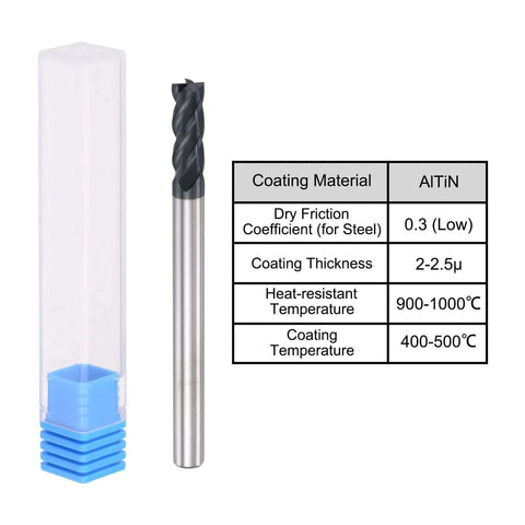 Front view of uxcell square-nose end mill, 4 mm solid carbide AlTiN-coated, 4-flute CNC router bit, 50 mm plastic case