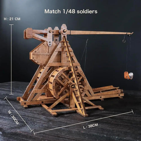 Mini Counterweight Trebuchet With Wheels For Epic Medieval Siege Chariot Catapult Kit DIY 3D Wooden Puzzles Mechanical Model Kit For STEM Projects And Tabletop Play Fun Build It Yourself Toy, 38x30x21 cm wooden model