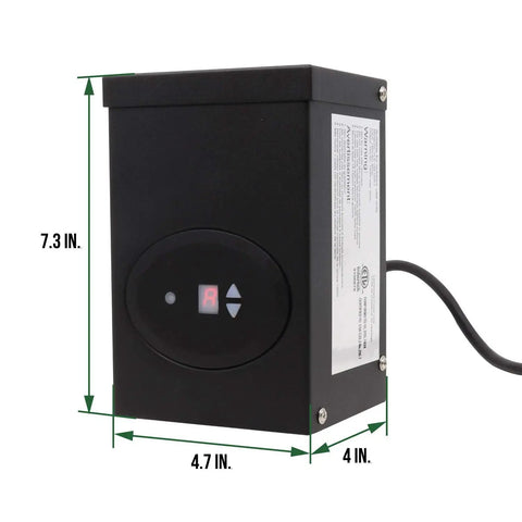 Low Voltage Outdoor Lighting Transformer With Photocell And Timer, 120W 12V Output, ETL Listed, showing dimensions