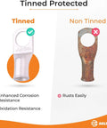 Comparison of tinned vs non-tinned copper terminals showing enhanced corrosion resistance benefits.