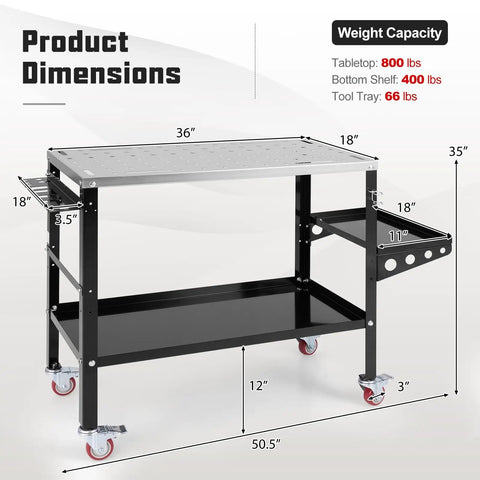 Welding Table 36 By 18 Inch With Wheels, 1200 Lbs Capacity, showing dimensions and electroplated metal top, side view