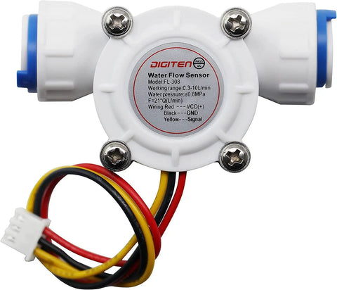 Front view of G Three Eighths Quick Connect Hall Effect Water Flow Sensor Food Grade Flowmeter For Home RO Systems with wiring.