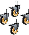 Built Like A Tank Heavy Duty Swivel Casters With Wheel Brake Three Quarter Inch Industrial Rubber Wheels No Sweat Push In Install Black And Yellow For Shop Gear set of four rubber casters with black and yellow wheels.