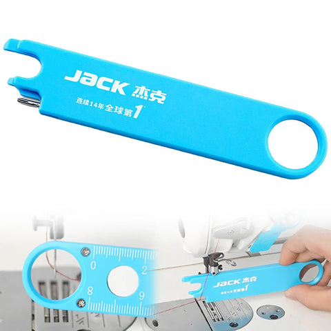 Quick Automatic Needle Threader For Sewing Machine 3 In 1 Multitool with ruler, threading component, and hand use closeup