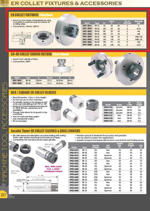Catalog page showing ER-40 Collet Chuck Big 100 Mm Diameter 42 Mm Height Heavy-Duty Pro-Grade Precision Workholding details