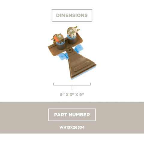 Washer Water Inlet Valve Assembly WH13X26534 Replacement for Home Laundry Machines, shown with dimensions 5"x3"x9"