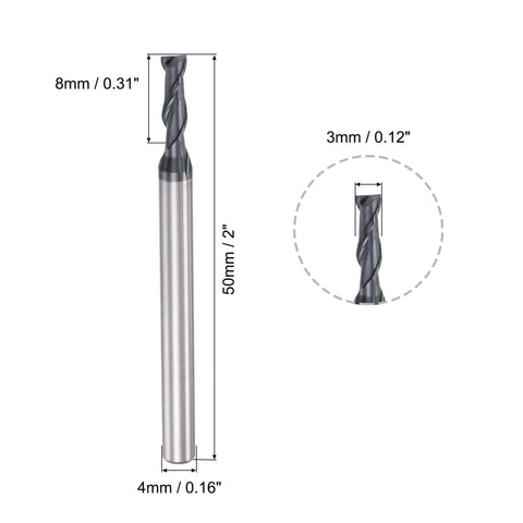 Square Nose End Mill For CNC Router Bits, 3Mm Cutting Diameter, Solid Carbide, AlTiN Coated, 2 Flute Spiral Milling Cutter, 50Mm Length